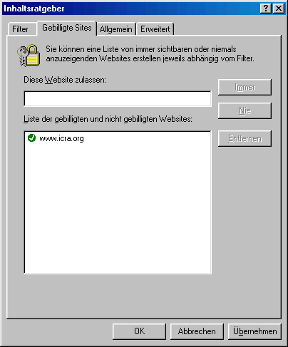 IE5 Content Advisor, Approved Sites ICRA approved