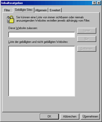 IE5 Content Advisor, Approved Sites tab