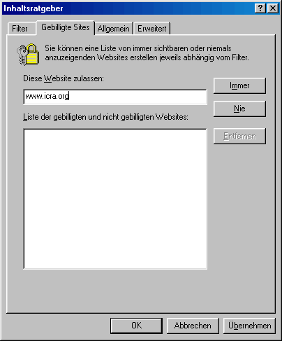 IE5 Content Advisor, Approved Sites input