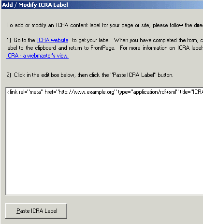 FrontPage ICRA Label dialogue box with Link tag pasted