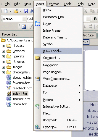 Find the ICRA Label option on FrontPage Insert menu