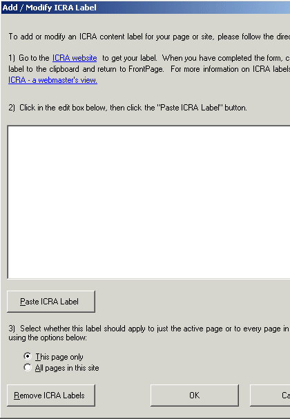 FrontPage ICRA Label dialogue box