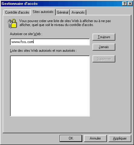 IE5 Content Advisor, Approved Sites input