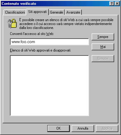 Contenuto verificato di Internet Explorer, inserimento Siti approvati