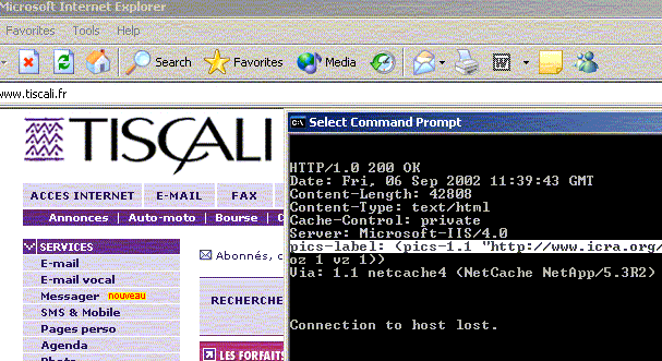 Screen grab showing HTTP Response headers from www.tiscali.fr