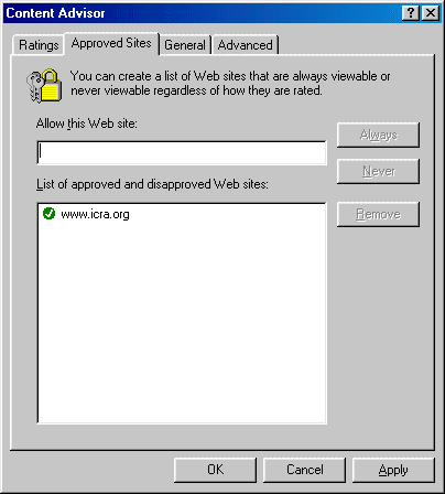 IE5 Content Advisor, Approved Sites ICRA approved