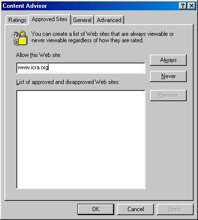 IE5 Content Advisor, Approved Sites input