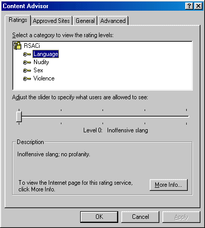 IE5 Content Advisor, Ratings tab